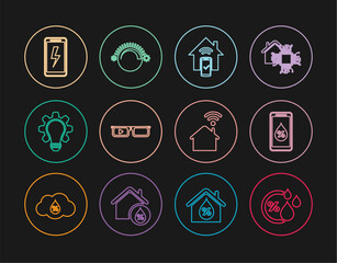 Set line Humidity, for smart home, Smart remote control system, glasses, Light bulb and gear, Mobile charging battery, with wi-fi and Thermostat icon. Vector