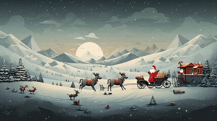  a christmas scene with santa claus riding in a sleigh pulled by reindeers and a sleigh. - obrazy, fototapety, plakaty