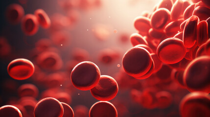 Close-up of red blood cells flowing in a blood vessel. Research concept. - obrazy, fototapety, plakaty