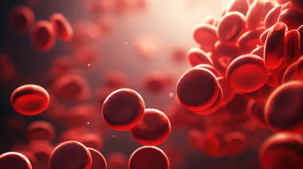 Fotobehang Close-up of red blood cells flowing in a blood vessel. Research concept. © Alina Tymofieieva