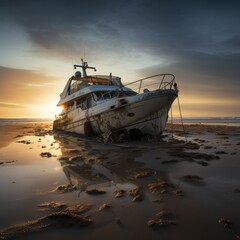 Desolate Shoreline: A Stranded Luxury Yacht in a Post-Apocalyptic World - obrazy, fototapety, plakaty