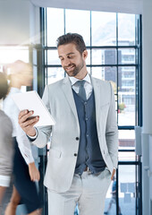 Happy, email or businessman with tablet networking online for research or report in digital agency....