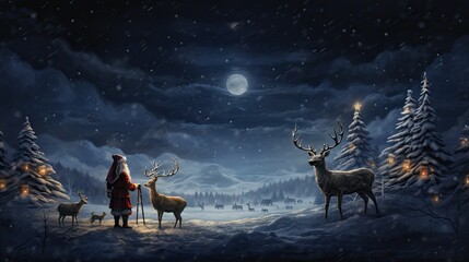  a painting of santa claus and his reindeers in the snow at night with a full moon in the background.