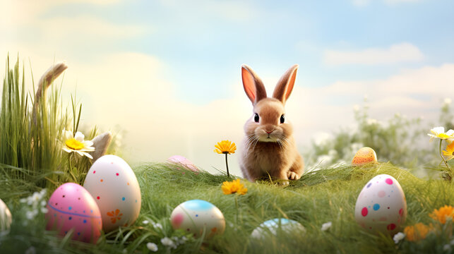 Eggstravaganza Excursion: Bunny's Field of Colorful Surprises with white background ai generated