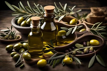 Foto op Plexiglas olive oil and olives on wooden background © Mishal