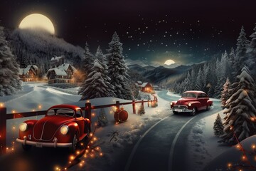 Journey through the Winter Wonderland: A Snowy Night Drive in the Mountains - obrazy, fototapety, plakaty