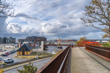Fototapeta premium Rusty walking bridge at Esbjerg harbor in Denmark