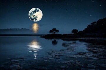 Fototapeta na wymiar full moon over the sea, mountaine and trees, image of moon and trees and mountaine in the river