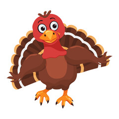 Funny cartoon turkey bird. Traditional american, canadian symbol of Happy Thanksgiving Day. Cute character. Vector clipart. Vector illustration.