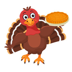 Funny cartoon turkey bird holding pumpkin pie. Traditional american, canadian symbol of Happy Thanksgiving Day. Cute character. Vector clipart. Vector illustration.