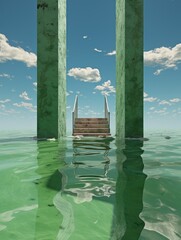 a stair and green concrete blocks on a clear shallow ocean
