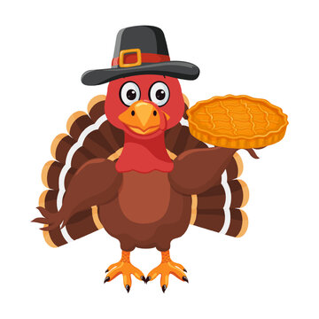 Thanksgiving turkey bird wearing a pilgrim hat holds a pumpkin pie. Traditional american, canadian symbol of Happy Thanksgiving Day. Cute character. Vector clipart, illustration.