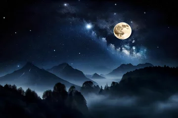 Papier Peint photo Pleine lune full moon over the mountains at night