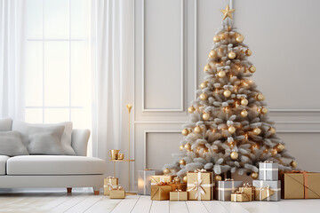Big christmas tree decorated with beautiful living room and many different presents on wooden floor. Blue wall background. 3d render - obrazy, fototapety, plakaty