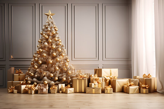 Big christmas tree decorated with beautiful living room and many different presents on wooden floor. Blue wall background. 3d render
