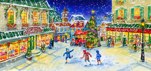Christmas town in the evening with a Christmas tree on the main square, children playing snowballs. Watercolour illustration