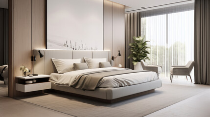 Modern hotel room in light colors with a large double bed. Style concept, design.