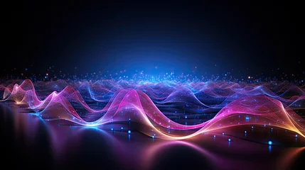 Gardinen abstract futuristic background with pink blue glowing neon moving high speed wave lines and bokeh lights. Data transfer concept Fantastic wallpaper,  pink blue frequency signal waves as particles © Planetz