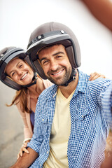 Couple, helmet and selfie on road trip, smile and adventure or holiday, romance and memories. Happy...