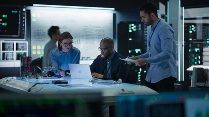 Diverse Team of Engineers Collaborating on Manufacturing Project in a Research Facility. Colleagues Analysing Data Using Laptop Computer and Brainstorming for a Technologically Advanced Invention - Powered by Adobe