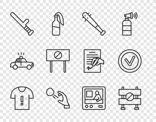 Set line T-shirt protest, Road barrier, Baseball bat with nails, Hooligan shooting stones, Police rubber baton, Protest, Television report and Check mark round icon. Vector