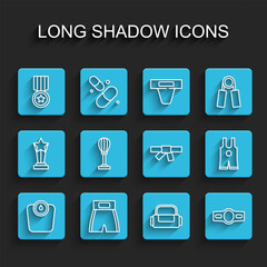 Set line Bathroom scales, Boxing short, Medal, Sport bag, belt, Punching, Wrestling singlet and Black karate icon. Vector