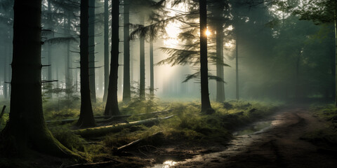 Foggy forest in the morning 