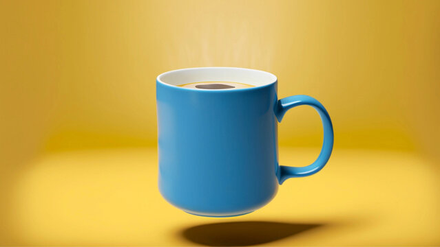 Uma caneca azul com caf&eacute;n quente, saindo vapor, flutuando, com fundo amarelo.