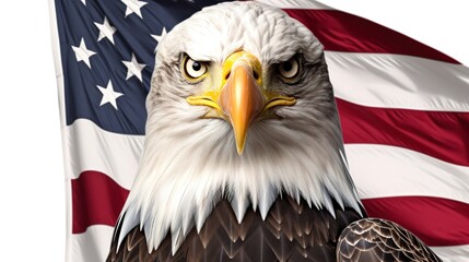 Bald eagle with USA flag isolated on white background, Generative ai.