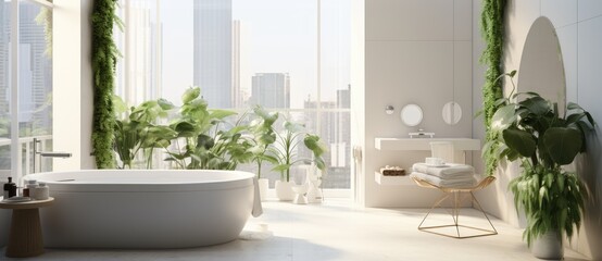 A Tranquil Bathroom Oasis With a Luxurious Tub, Stylish Sink, and Lush Potted Plants Created With Generative AI Technology