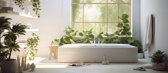 A Serene Oasis: A White Bathtub Bathing in Natural Light Created With Generative AI Technology