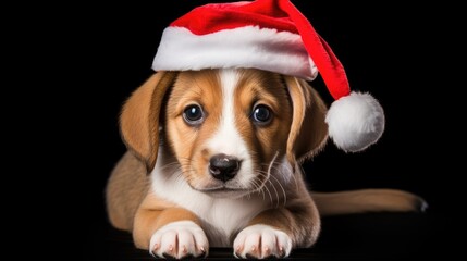 Happy smiling puppy wearing a Christmas Santa hat - isolated on a white background.