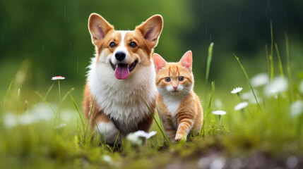 A corgi dog and his friend a red cat are walking together in a green garden in the summer rain....