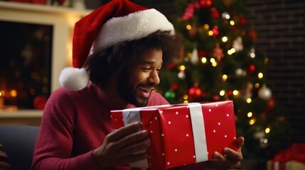 An African-American guy in a Santa Claus hat with a charming smile holds a Christmas gift in his hands.