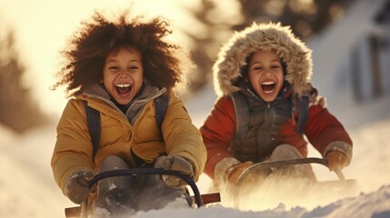 Funny little dark-skinned child rides on a sleigh in the snow. Active sports games in winter. Happy winter holidays concept. - obrazy, fototapety, plakaty