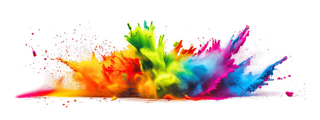 Powerful explosion of colorful rainbow holi powder on transparent background. Colorful splash. Saturate paint backdrops, powder splash. Panorama background.