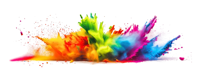 Foto op Canvas Powerful explosion of colorful rainbow holi powder on transparent background. Colorful splash. Saturate paint backdrops, powder splash. Panorama background. © ita_tinta_