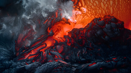 Red lava on the volcano. Lava splashes. Eruption