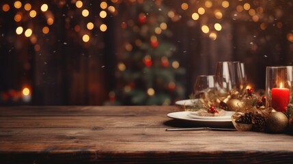 Empty wooden table on the background of a Christmas tree, golden bokeh.Christmas background. Merry Christmas and Happy New Year! Ready product for installation. Layout.