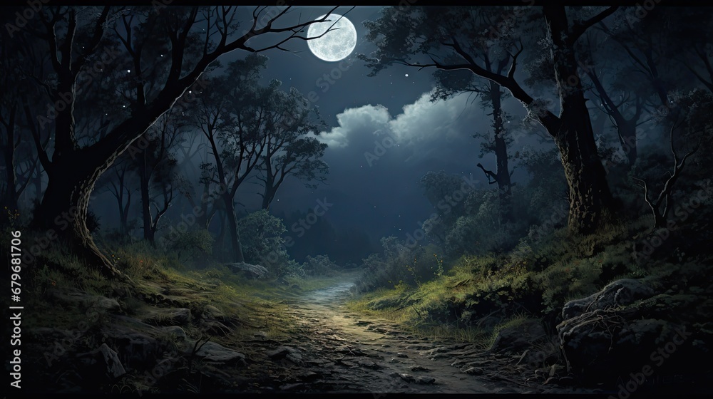 Wall mural a painting of a path through a dark forest with a full moon in the sky above the trees and on the gr