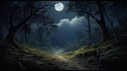 Papier Peint photo Pleine lune  a painting of a path through a dark forest with a full moon in the sky above the trees and on the ground.
