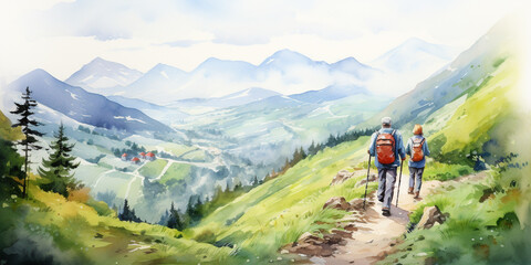 Obraz premium Happy Senior Couple Hiking with Trekking Sticks and Backpack at Mountain Forest Trail. Enjoying Calming Nature, Having a Good Time on Retirement. Nordic Walking. Watercolour Illustration.