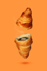 Creative photo concept  croissant with coffee