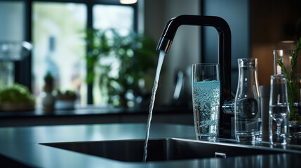 A modern water tap with purified water fills a glass. Close-up of water being poured into a glass...