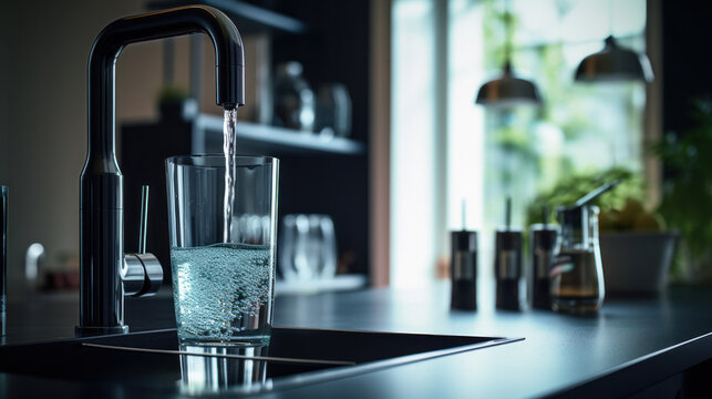 A modern water tap with purified water fills a glass. Close-up of water being poured into a glass from a tap.