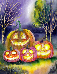 lampion, jack o lantern, jack, watercolor, aquarel, jesień, wigilia, wigilia wszystkich świętych,  1 listopad, spooky, scarry, straszny, mroczny, komedia, wesoły, wesołe dynie,