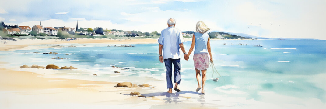 Senior Couple Walking on the Beach Holding Hands at Sunrise, Plan Life Insurance, Anniversary, Travel in Retirement Concept. Watercolour Illustration.