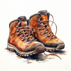 Walking boots or hiking boots on white background. Watercolour Illustration with orange and brown. Travel post card..
