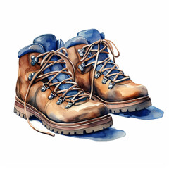Walking boots or hiking boots on white background. Watercolour Illustration with blue and brown laces. Travel post card..