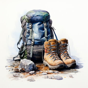 Walking boots or hiking boots and Backpack on white background. Watercolour Illustration with brown shoes and blue backpack. Travel post card..